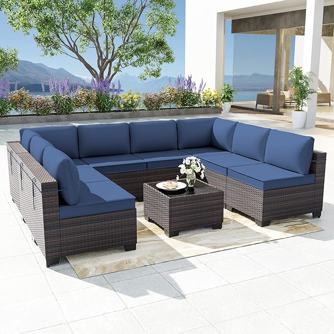 Patio Furniture Set 9-Pieces Outdoor Furniture for Backyard Wicker Sectional Sofa Set, Rattan Patio Conversation Set with Thickened Cushions and Glass Coffee Table, Navy Blue - LeafyLoom