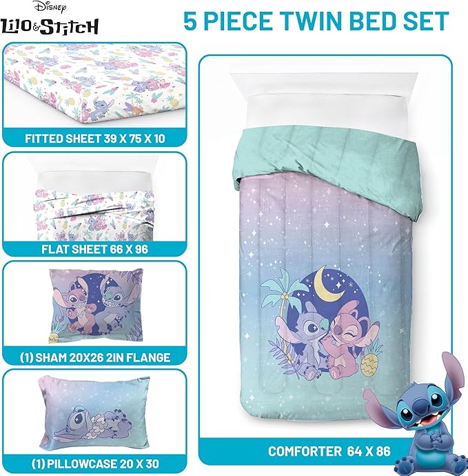 Disney Lilo and Stitch Twin Size Comforter Set - 5 Piece Floral Bedding includes Sheet Set & Pillow Covers Features Angel - Super Soft Purple & Teal Stars Kids Bedding - LeafyLoom