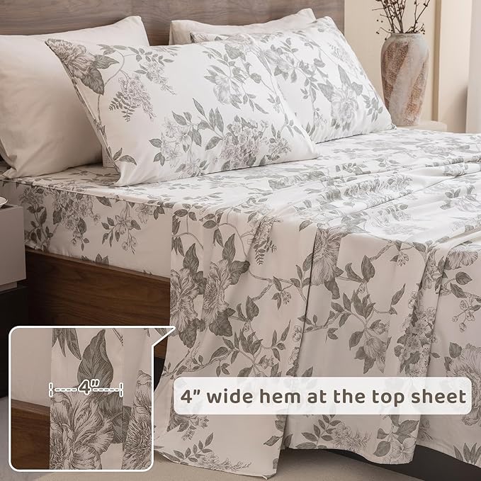 QSH Floral Egyptian Cotton Sheets Queen Size - Green Botanical Elegant Flower Pattern Printed Bedding Sheets Queen Size Bed Extra Soft and Breathable 4pcs Deep Pockets Bed Sheets - LeafyLoom