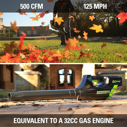 Greenworks 80V (125 MPH / 500 CFM / 75+ Compatible Tools) Cordless Axial Leaf Blower, 2.0Ah Battery and Charger Included - LeafyLoom