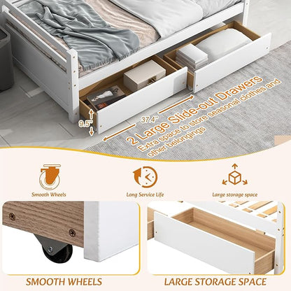 Twin Daybed with 2 Storage Drawers,Pinewood Twin Size Daybed Frame with Guardrail,for Boys/Girls/Teens Bedroom, Easy to Assemble, No Box Spring Needed,White - LeafyLoom