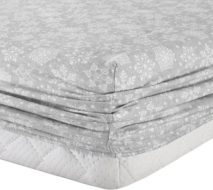 Comfort Spaces Cotton Flannel Breathable Warm Deep Pocket Sheets with Pillow Case Bedding, Cal King, Grey Snowflakes 4 Piece - LeafyLoom