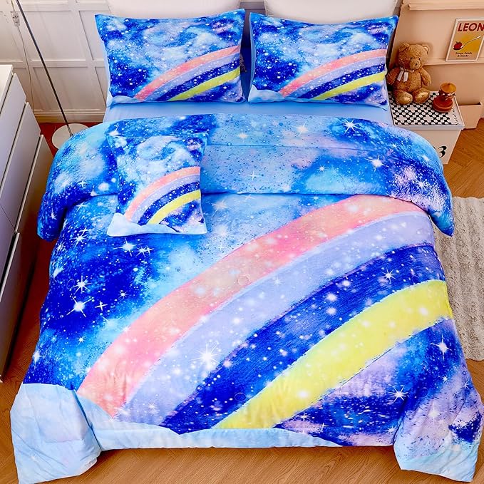 6Pcs Rainbow Bluey Girls Comforter Set Twin Gradient Glitter Bedding Sets Tie Dye Blue Girl Bed Set Soft Galaxy Kids Bed in A Bag with Sheets for All Season - LeafyLoom