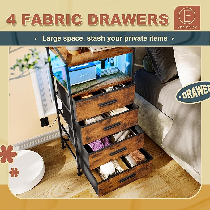 Nightstand 4 Drawer Dresser with LED Lights and Charging Station, Vertical Side Table with Fabric Drawers, End Table with Open Shelf, Tall Dresser for Bedroom, Hallway, Entryway, Rustic Brown - LeafyLoom