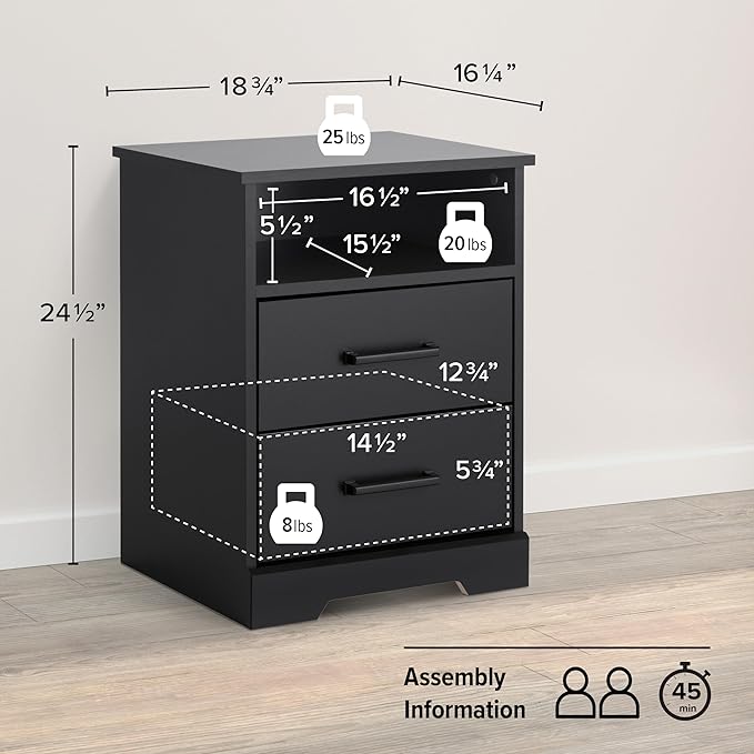 Prepac 2 Drawer Nightstand, 16.25in x 18.75in x 24.5in, Rustic Black - LeafyLoom