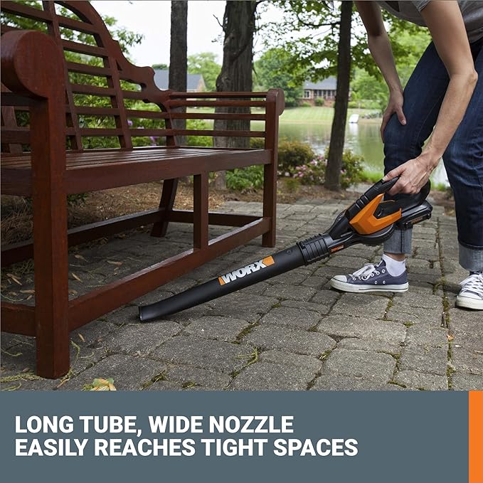 Worx 20V Cordless Leaf Blower WG545.1, Up to 120 MPH Air Speed, Long Nozzle Design for Narrow Spaces, Ideal for Indoor and Outdoor Cleaning, 9x Cleaning Attachments, Battery and Charger Included - LeafyLoom