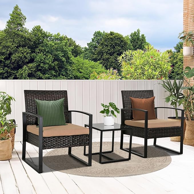 3 Pieces Patio Furniture Set, Outdoor Patio Set, Patio Bistro Set, All-Weather Wicker Conversation Set with Cushions Table for Porch Backyard (Brown-Brown) - LeafyLoom