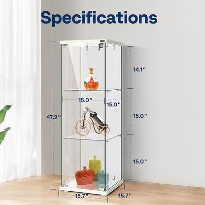 VIVOHOME 3 Layers 15.7''W x 15.7''D x 47.2''H Glass Display Cabinet Countertop Showcase with Lock, 5mm Tempered Glass 25mm MDF Base - LeafyLoom