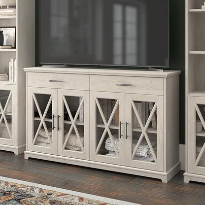 Bush Furniture Lennox Farmhouse Stand for 75 Inch TV | Living Room Entertainment Center with Storage, 60W, Linen White Oak - LeafyLoom