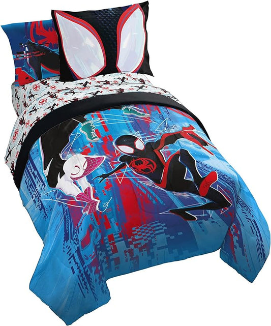 Marvel Spiderman Across The Spider-Verse Glitch 7 Piece Full Size Bed Set - includes Comforter & Sheet Set Bedding - Super Soft Fade Resistant Microfiber (Official Product) - LeafyLoom