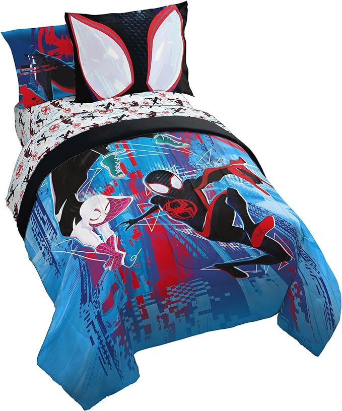 Marvel Spiderman Across The Spider-Verse Glitch 5 Piece Twin Size Bed Set - includes Comforter & Sheet Set Bedding - Super Soft Fade Resistant Microfiber (Official Product) - LeafyLoom