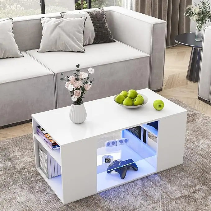 HOMMPA LED Coffee Tables for Living Room Modern White Coffee Table with 3 Shelves Open Glass Storage High Glossy Center Table Sofa Cocktail Table with 16 Colors LED Lights for Home Furniture White - LeafyLoom