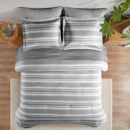 Full-size Bed in a Bag, Full Bedding Sets, Modern Farmhouse Grey and White Striped Comforter with Sheets, 7-Piece Complete Bedroom Set - LeafyLoom