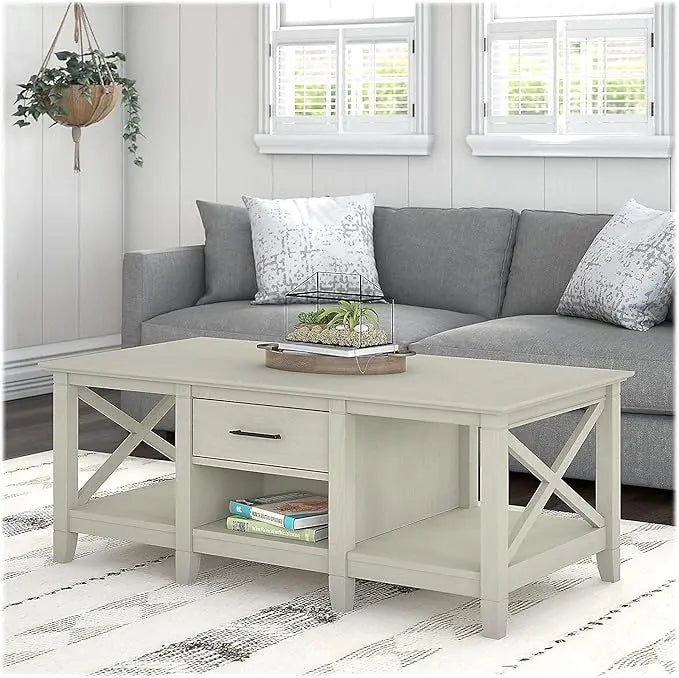 Bush Furniture Key West Coffee Table with Storage in Linen White Oak - LeafyLoom