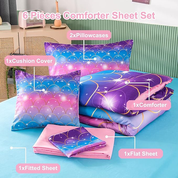 PERFEMET 6Pcs Pink Mermaid Comforter Set Queen Size 3D Glitter Bed in A Bag for Teens Girls Women Colorful Rainbow Bedding Set with Comforter and Sheets Ultra Soft Fuzzy Bed Comforter Quilted Set - LeafyLoom