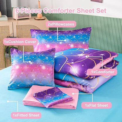 PERFEMET 6Pcs Mermaid Scale Comforter Sets Twin Size, 3D Pink Glitter Bed in A Bag for Teens Girls, Colorful Rainbow Bedding Comforter with Sheets Set, Ultra Soft Sparkly Galaxy Quilted Duvet - LeafyLoom