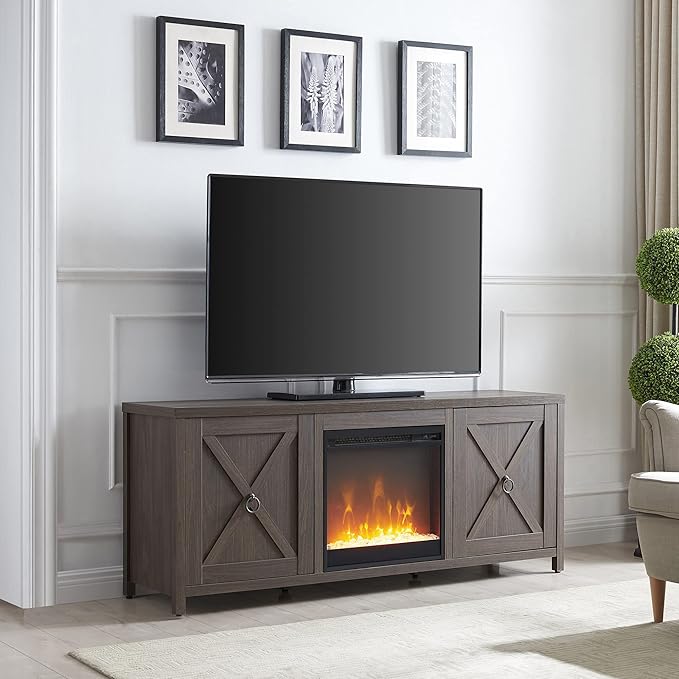 Henn&Hart Rectangular TV Stand with Crystal Fireplace for TV's up to 65" in Alder Brown, Electric Fireplace TV Stands for the Living Room - LeafyLoom