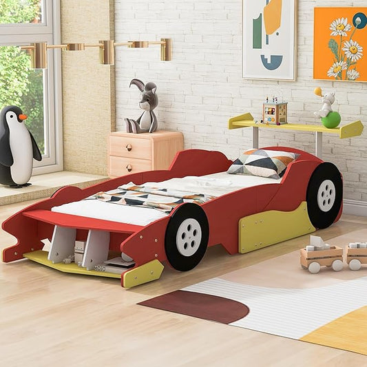 Twin Size Racecar Bed for Big Boys,Wood Platform Bedframe with Wheels & Safety Guardrail,Slats Support,Easy Assembly,Toddlers Kids Car Floor Beds for Fun Children's Bedroom,Red - LeafyLoom