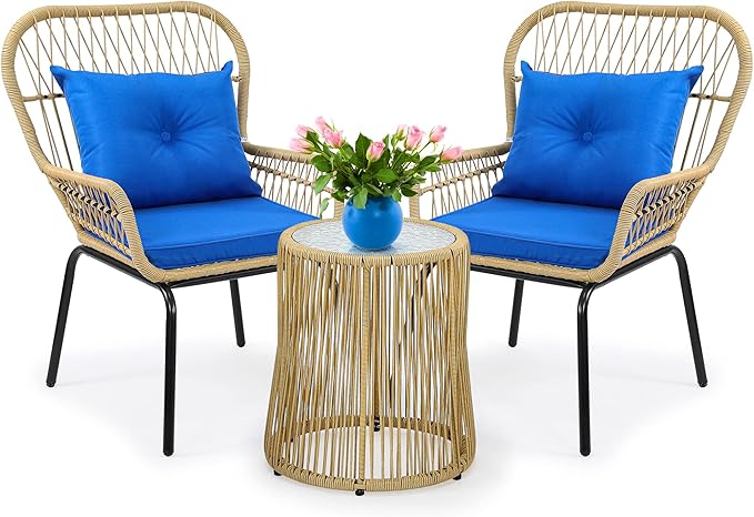 YITAHOME 3-Piece Outdoor Patio Furniture Wicker Bistro Set, All-Weather Rattan Conversation Chairs for Backyard, Balcony and Deck with Soft Cushions, Glass Side Table (Light Brown+Navy Blue) - LeafyLoom