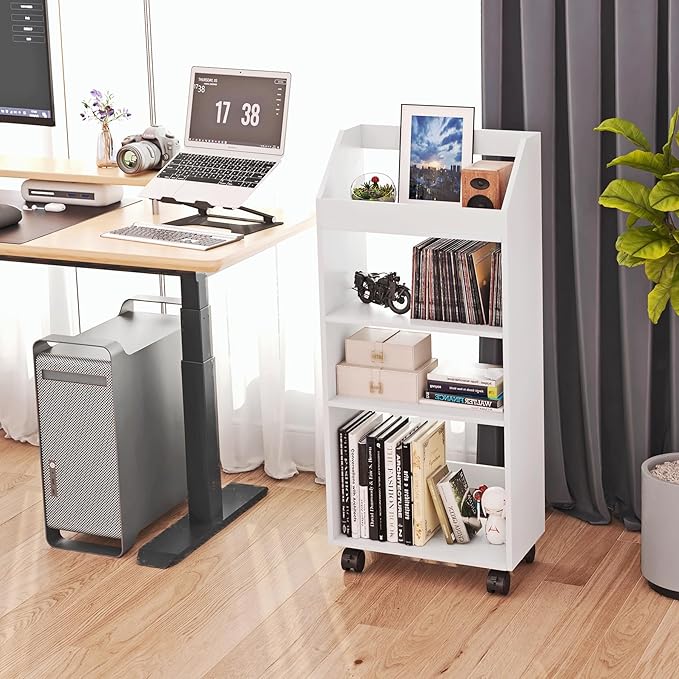 4-Tier Mobile Bookshelf, White Bookcase with Wheels, Rolling File Holder Desk File Book Organizer for Home Office Living Room School - LeafyLoom