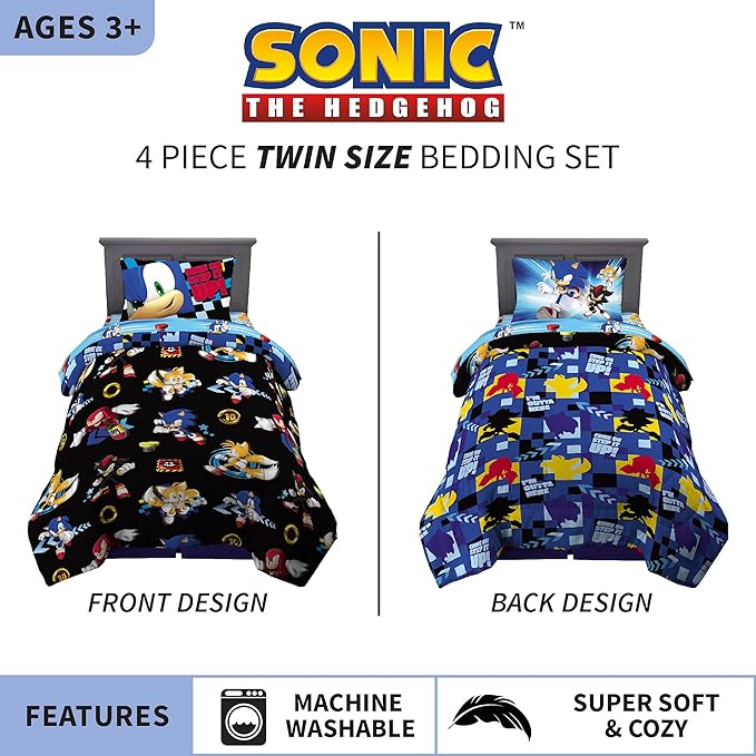 Sonic the Hedgehog Anime Kids Super Soft Comforter and Sheet Set, 4 Piece Twin Size by Franco, Prints may vary - LeafyLoom