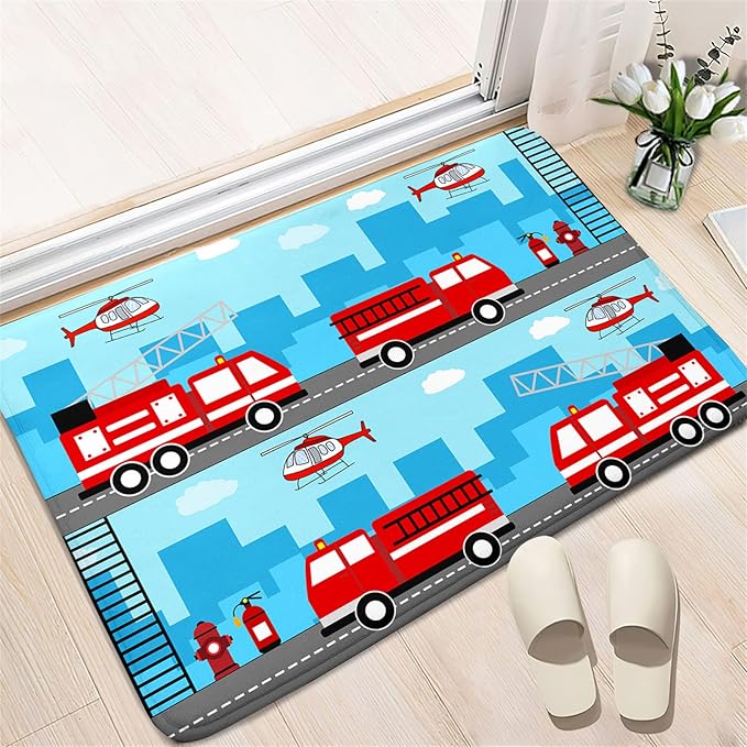 Car Rug Play Mat Car Rug Play Mat Car Rug for Boys Room Fire Fighting Truck Red Car Printed Rug Play Rug for Cars and Trucks Play Rugs for Kids Rooms,Light Blue 2'×3' - LeafyLoom