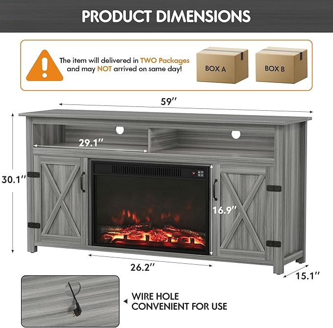 YESHOMY Fireplace TV Stand for Television up to 65+ Inch with Storage and Farmhouse Barn Doors, Entertainment Center with Cabinet and Shelves, Media Console for Living Room, Gray Wash - LeafyLoom