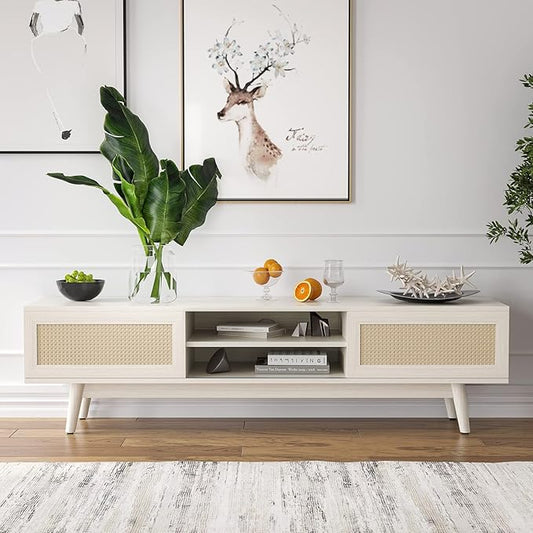 STARY 65''Mid Century Modern TV Stand,Boho Media Console Entertainment Center with Cable Management for Living Room, White - LeafyLoom