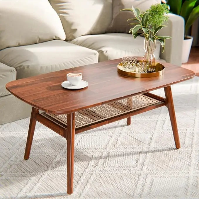 Bme Nancy Solid Acacia Wood Coffee Table for Living Room, Spacious Oval-Shaped 237 Lbs Top Capacity, Rattan Shelf below, Mid Century, Rustic and Modern Style Living Room Furniture, Dark Chocolate - LeafyLoom