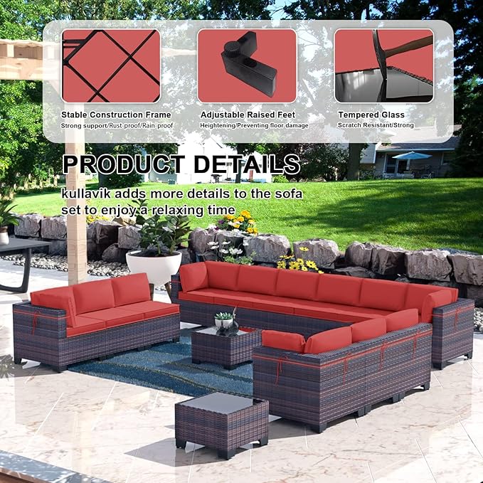 Kullavik 14PCS Outdoor Patio Furniture Set PE Wicker Rattan Sectional Sofa Patio Conversation Sets,Red - LeafyLoom