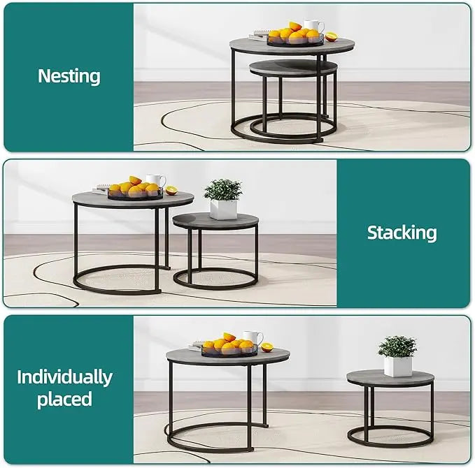 Nesting Round Coffee Table Set of 2 End Tables for Living Room,Grey Coffee Table Wooden Accent Furniture with Metal Frame,Stacking Side Tables,Black+Warm Grey - LeafyLoom