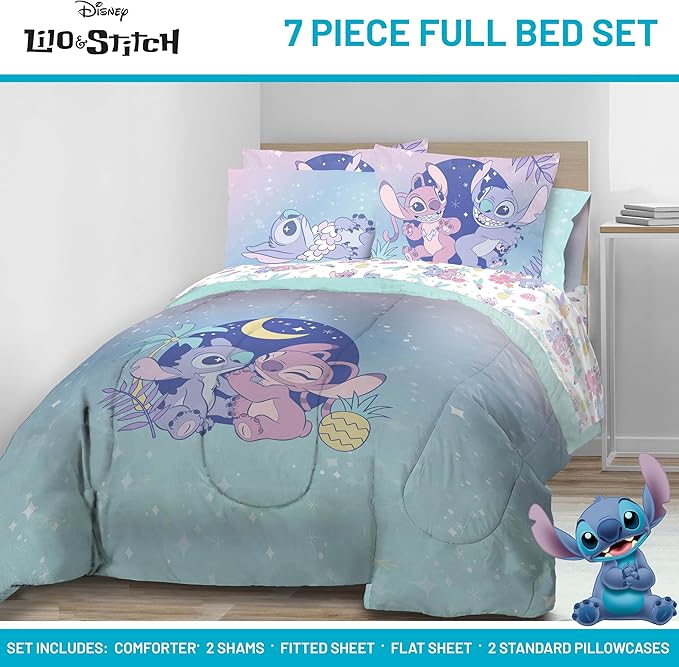 Disney Lilo and Stitch Full Size Comforter Set - 7 Piece Floral Bedding includes Sheet Set & Pillow Covers Features Angel - Super Soft Purple & Teal Stars Kids Bedding - LeafyLoom