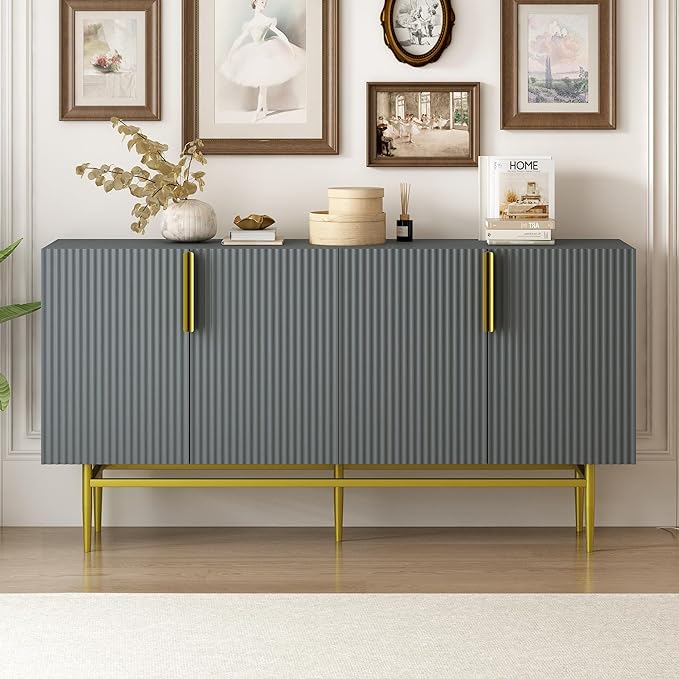 60" Modern 4-Door Elegant Sideboard with Gold Metal Handles and Legs,Storage Buffet Cabinet,W/Adjustable Shelves & Open Countertop,Console Table for Dining Living Room Hallway,Gray - LeafyLoom