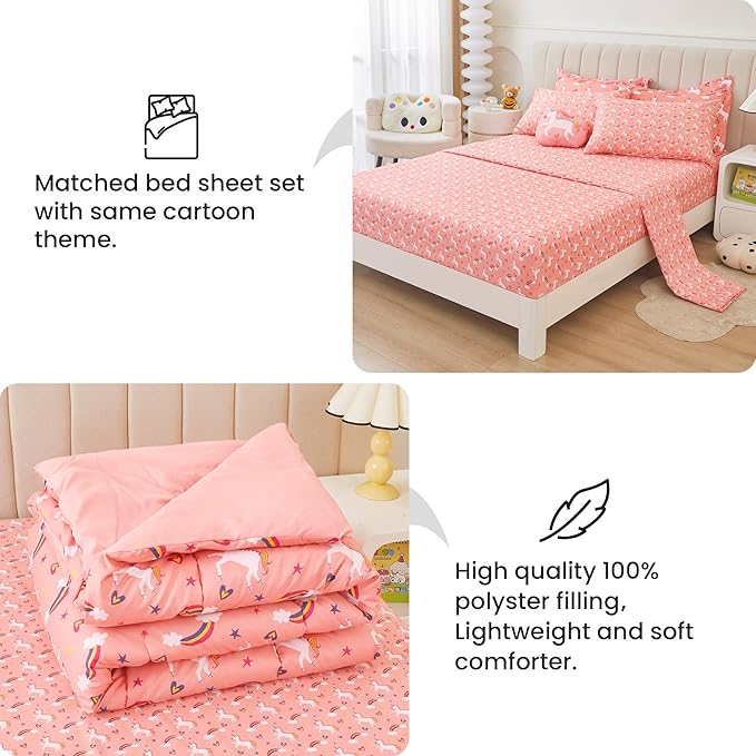 Mooreeke Twin Size Comforter Sets for Girls Kids, 6 Pieces Bed in a Bag Pink Unicorn Rainbow Bedding Comforter Sheet Set with Shams and Decorative Toy Pillow, Ultral Soft Microfiber Kids Bed Set - LeafyLoom