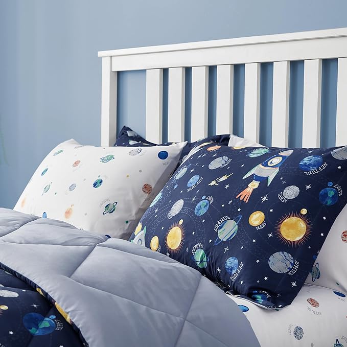 Kids Bedding Set for Boys, Twin Size 5 Pieces Space Themed Bed in a Bag, Super Soft Lightweight Microfiber Comforter Set with Sheets, Hotel Quality Durable Children Bed Set - LeafyLoom