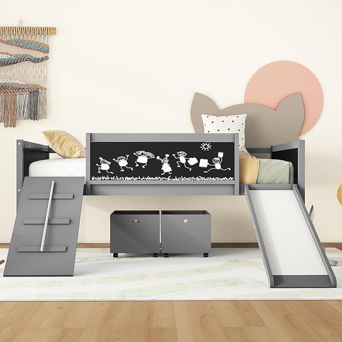 Twin Size Low Loft Bed with Slide and 2 Storage Boxes,Kids Low Loft Bed Frame with Climbing and Chalkboard,Solid Loft Bed Twin for Boys,Girls,Gray - LeafyLoom