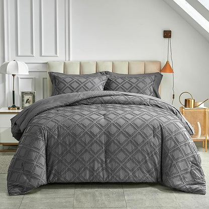 7 Pieces Tufted Bed in a Bag King Comforter Set with Sheets Dark Grey, Soft and Embroidery Shabby Chic Boho Bohemian, Luxury Solid Color with Diamond Pattern, Jacquard Tufts Bedding Set for All Season - LeafyLoom