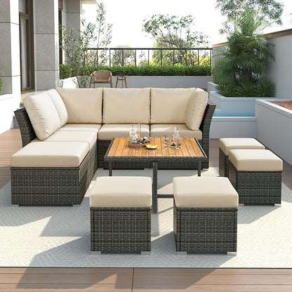 9 Piece Patio Furniture Set with Solid Wood Coffee Table and Ottomans, Rattan Modular Outdoor Sectional Conversation Sofa, for Garden Backyard, Onesize, Beige - LeafyLoom