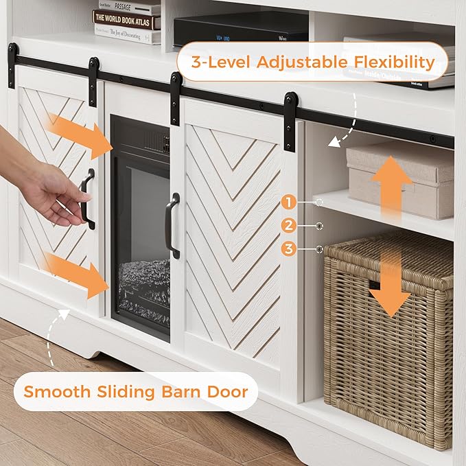 Farmhouse Fireplace TV Stand for 65+ Inch TV, Entertainment Center with 23" Electric Fireplace with Remote, Modern Rustic TV Console with Sliding Bar Door for Living Room, Antique White - LeafyLoom