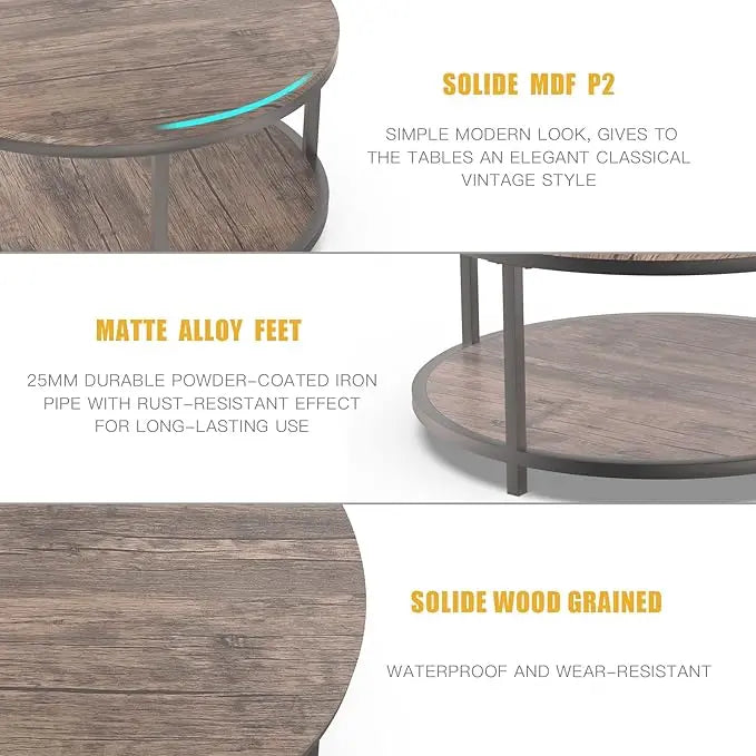 Round Coffee Table, 36" Coffee Table for Living Room, 2-Tier Rustic Wood Desktop with Storage Shelf Modern Design Accent Center Table Industrial Sofa Table Home Furniture(Walnut) - LeafyLoom