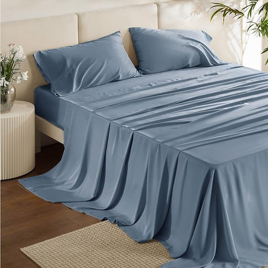 Bedsure Full Size Sheets, Cooling Sheets Full, Rayon Derived from Bamboo, Deep Pocket Up to 16", Breathable & Soft Bed Sheets, Hotel Luxury Silky Bedding Sheets & Pillowcases, Mineral Blue - LeafyLoom