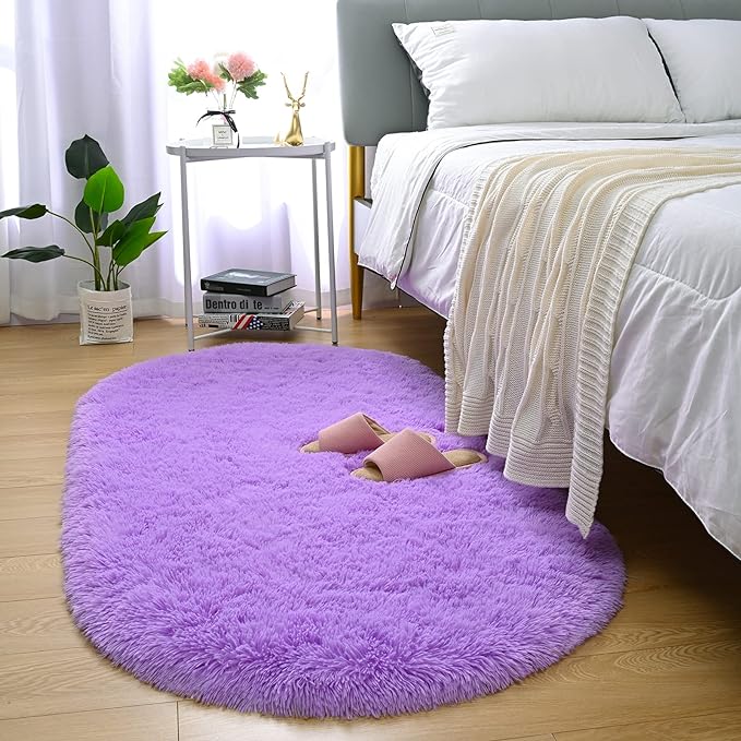 Merelax Soft Shaggy Rug for Kids Bedroom, Oval 2.6'x5.3' Purple Plush Fluffy Carpets for Living Room, Furry Carpet for Teen Girls Room, Anti-skid Fuzzy Comfy Rug for Nursery Decor Cute Baby Play Mat - LeafyLoom