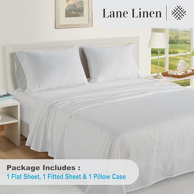 LANE LINEN 100% Egyptian Cotton Bed Sheets - 1000 Thread Count 3PC Twin XL Sheets Set, Bedding Sheets, Sateen Weave, Luxury Hotel Sheets, Fits Upto 16" Mattress, Swiss Dot - White - LeafyLoom