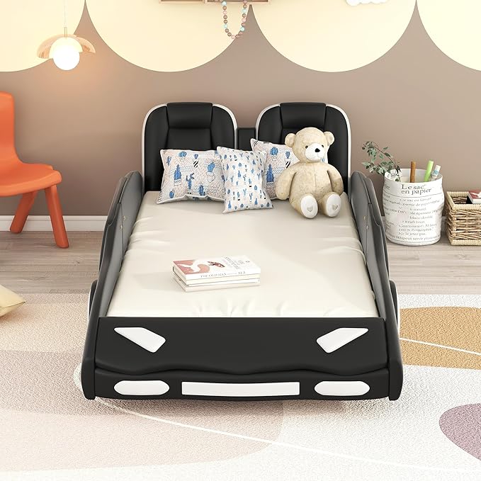 Twin Size Race Car-Shaped Bed Frame for Kids, Wooden Platform Bed with Guardrail and Upholstered Headboard, Wheels and Support Slats, for Boys Girls Child's Bedroom, No Spring Need (Black) - LeafyLoom