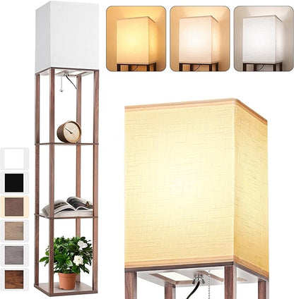 Floor Lamp with Shelves for Living Room Walnut Brown, Shelf Floor Lamp with 3 CCT LED Bulb, Corner Display Standing Column Lamp Etagere Organizer Tower Nightstand with White Linen Shade for Bedroom - LeafyLoom