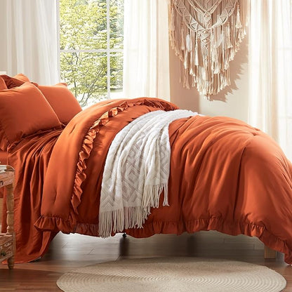 Anluoer Full Comforter Set 7 Piece, Burnt Orange Bed in a Bag with Sheets, All Season Ruffle Shabby Chic Bedding Sets with 1 Comforter, 2 Pillow Shams, 2 Pillowcases, 1 Flat Sheet, 1 Fitted Sheet - LeafyLoom