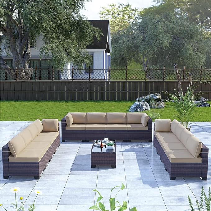 Kullavik 14PCS Outdoor Patio Furniture Set PE Wicker Rattan Sectional Sofa Patio Conversation Sets,Sand - LeafyLoom