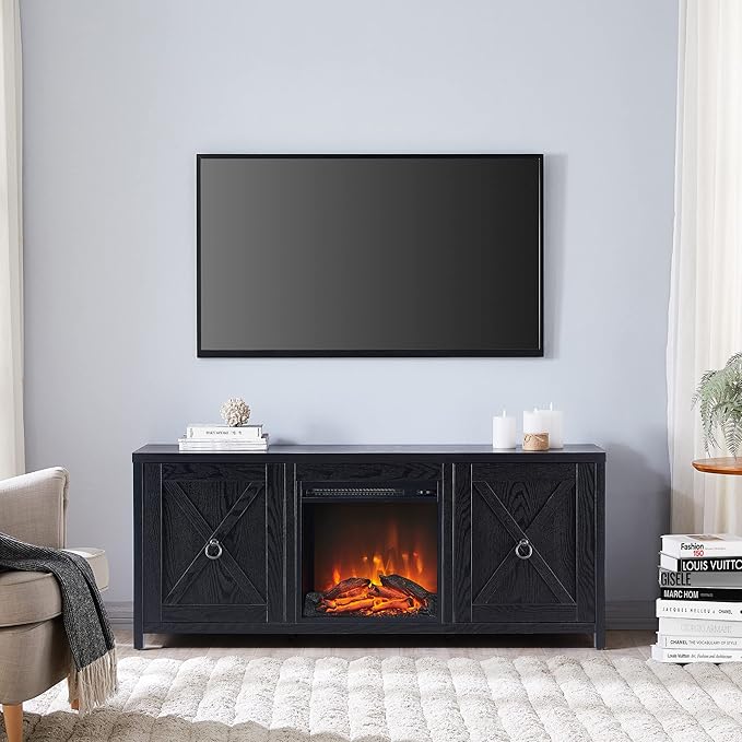 Henn&Hart Rectangular TV Stand with Log Fireplace for TV's up to 65" in Black, Electric Fireplace TV Stands for the Living Room - LeafyLoom