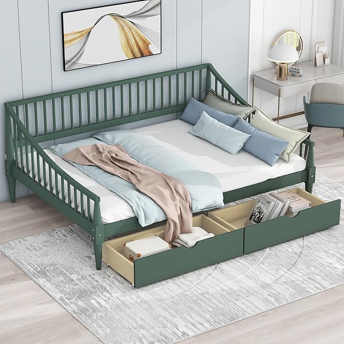 Full Size Daybed with Two Drawers,Solid Wood Storage Bed Frame W/Wooden Slat Support,Guide Rail Design on Three Sides,Easy to Assemble,for Bedroom Living Room,Green - LeafyLoom