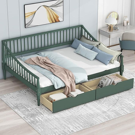 Full Size Daybed with Two Drawers,Solid Wood Storage Bed Frame W/Wooden Slat Support,Guide Rail Design on Three Sides,Easy to Assemble,for Bedroom Living Room,Green - LeafyLoom